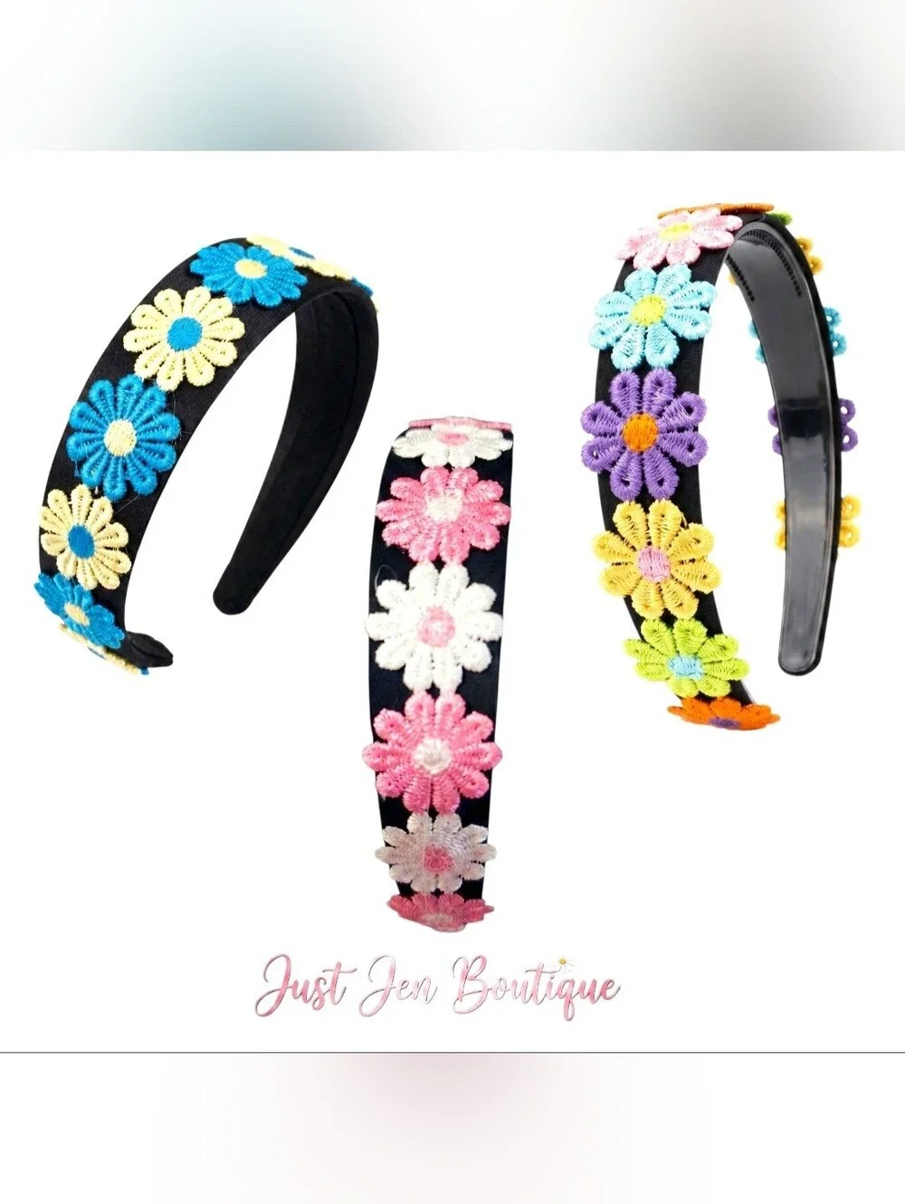 Boho Floral Embroidered 3pc. Daisy Headbands- Women's Hair Accessory